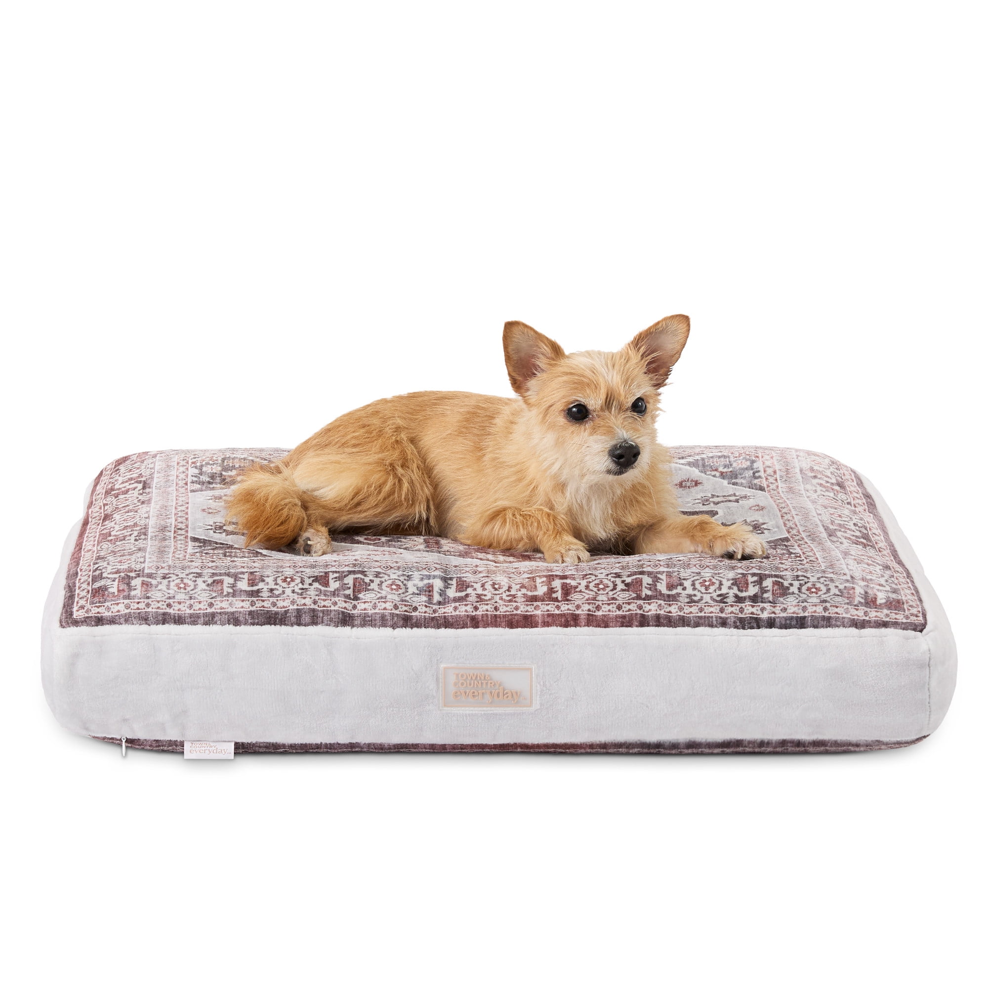 TOWN & COUNTRY EVERYDAY CuddleTown Medallion Everwash® Pillow Pet Bed, Water Repellent Floor Pillow, Machine Washable Cover, Soft & Calming, Red/Greige, Small 28"x22"x4"