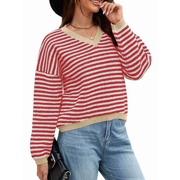 Women'S Long Sleeve Striped Sweater V Neck Color Block Soft Knit Pullover Trendy Jumper Tops Red & White  S