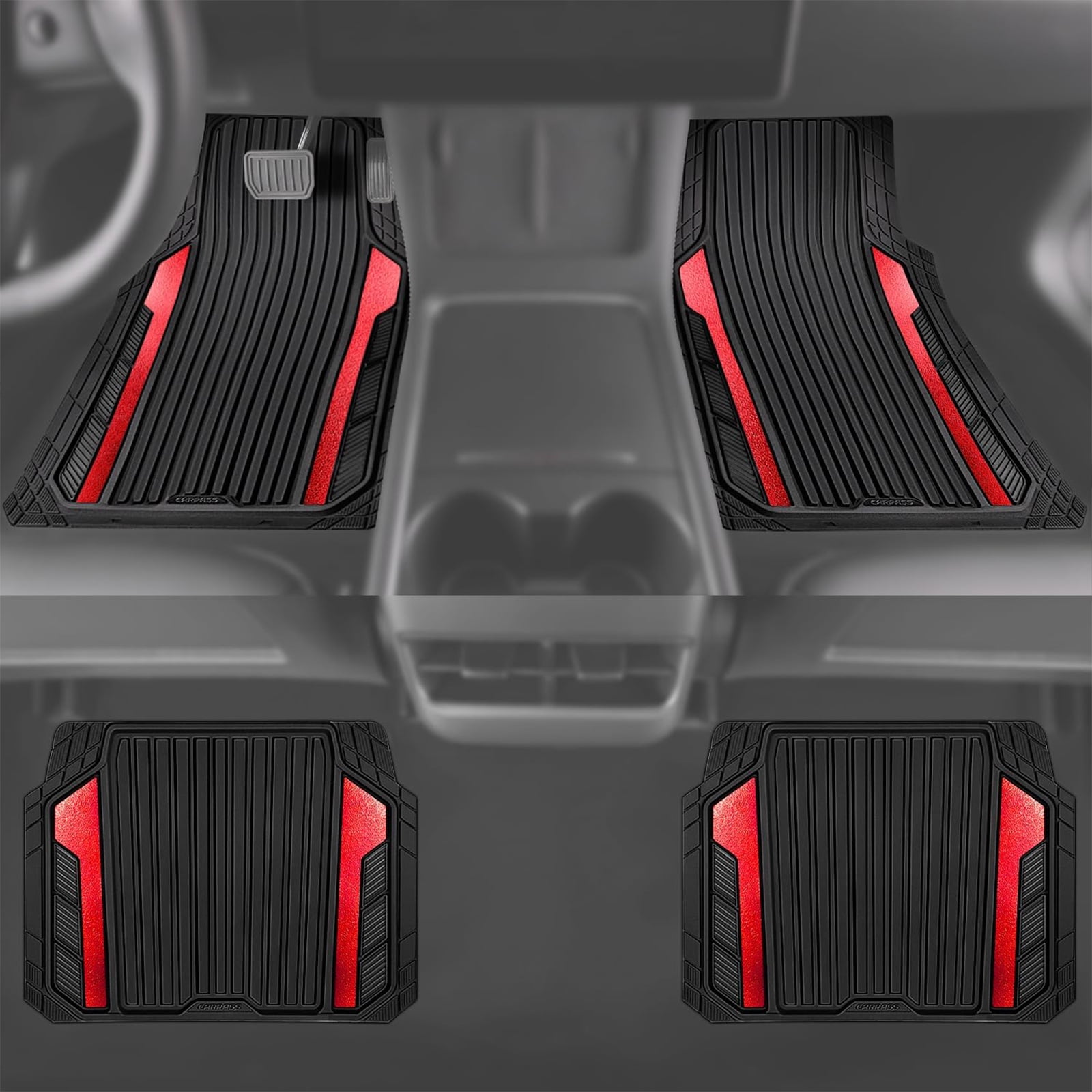 CAR GRAND Heavy Duty Rubber Car Floor Mats, Deep Dish Car Mats All Weather, Universal Trim-to Fit Automotive Floor Mats for Car SUV Truck Van, Durable Floor Liners waterproof anti-slip Black Red