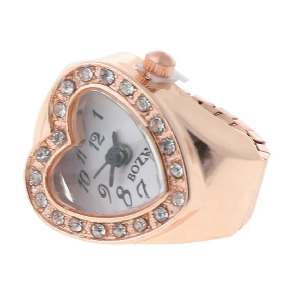 Copper Tone Heart Shape Housing Elastic Band Finger Ring Watch For Women