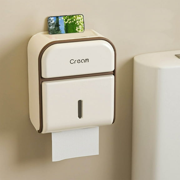 kkbbma under $5 Toilet Paper Holder Wall Mount, Waterproof Cat Proof Full Covered Plastic Toilet Paper Dispenser with Phone Houlder, Self Adhesive