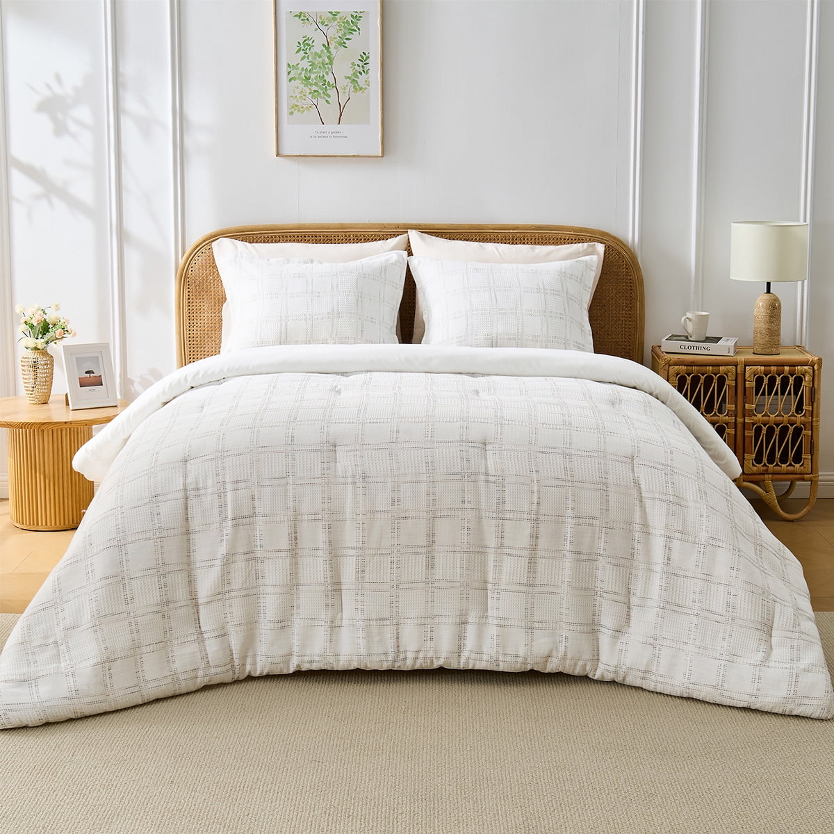Regency Heights Waffle Weave Comforter Set, Full/Queen Size Textured Comforter Bed Set, 3-Piece Lightweight Bedding Set with Pillow Shams for All Season, White/Multi Color