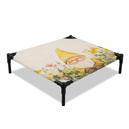 Gnome Flower Elevated Dog Bed Vintage Yellow Pink Dwarf Floral Green Plant Leaf Linen Texture Cooling Breathable Outdoor Raised Dog Cot Bed with Metal Frame Non-Slip Feet for Small Dog 20x20in