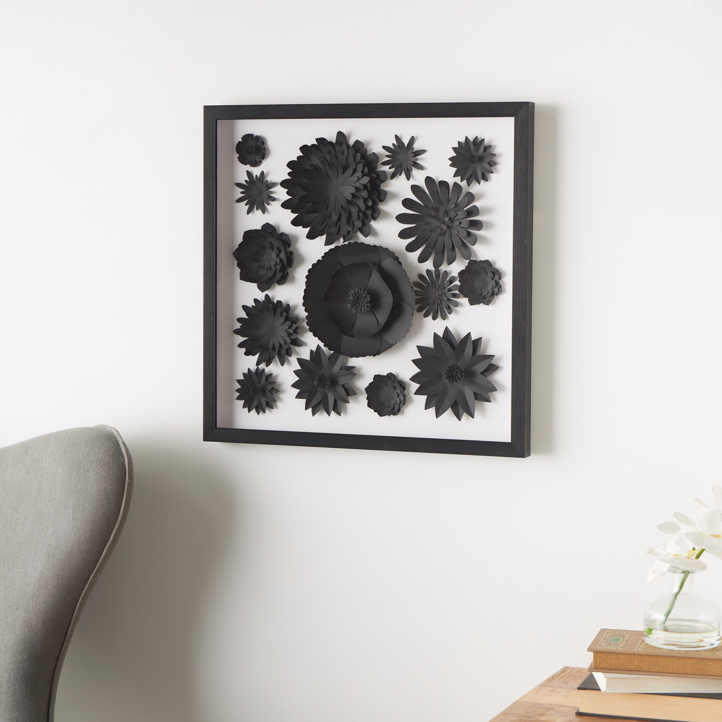 20" x 20" Black Floral Cluster Shadow Box with Varying Shapes and Sizes, by DecMode