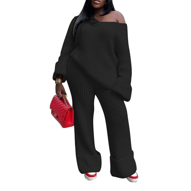 Hermoso traje de punto suelto de color sólido casual para mujer, ropa de invierno versátil
