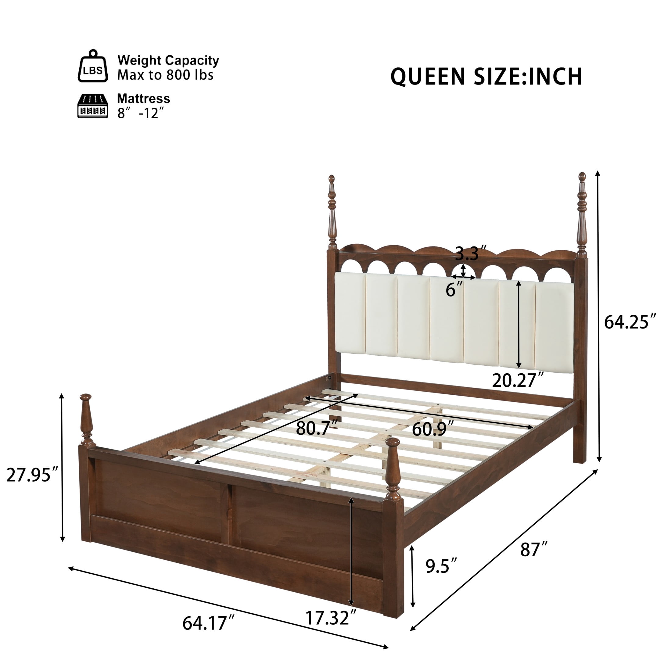 Christopher Knight Home Queen Wood Bed Frame with Scalloped Tufted Chenille Headboard, Brown+Beige