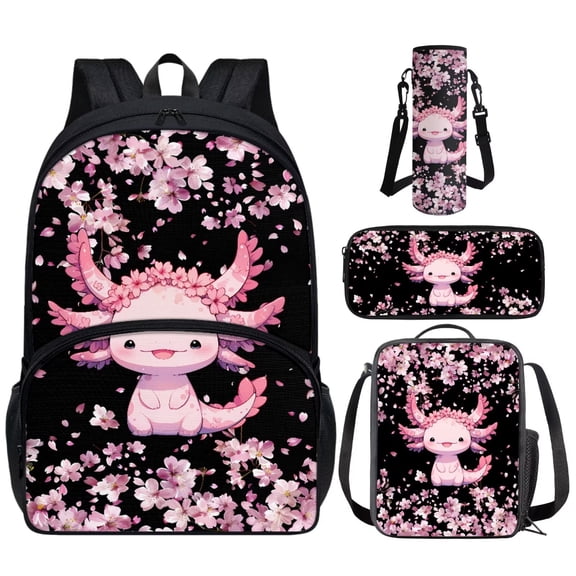 Yuyamidu Axolotl Backpack with Lunch Box for Kids Girls 7-8 Cherry Blossom Bookbag for Middle School 5th Grade Book Bag Lunch Bag Pencil Case Water Bottle Holder with Strap, 4 in 1