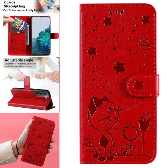 SaniMore for Samsung Galaxy S24 Plus 6.6" 2024 Case, PU Leather Skin with Embossed Cat Flip Magnetic Cover Card Slots Kickstand Detachable Lanyard Full Around Wallet Case For Galaxy S24 Plus, Red