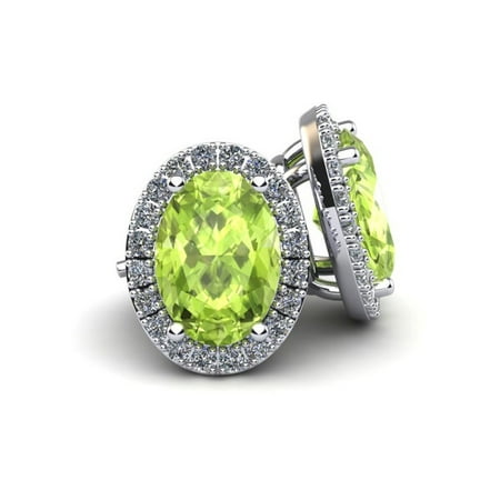 1 Carat Oval Shape Peridot and Halo Diamond Stud Earrings In 10 Karat White Gold