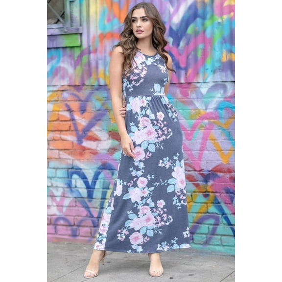 Vintage Navy Pink Floral Sleeveless Maxi Dress