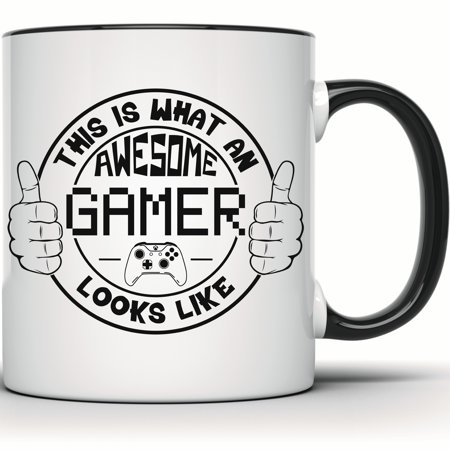 Funny Gamer Mug – Awesome Gamer Gift | Xbox Video Game Mug | This Is What an Awesome Gamer Looks Like | Cool Gift for Gamers – 11 Ounce Black Rim Handle Novelty Coffee Cup – WMUG1477-BLK