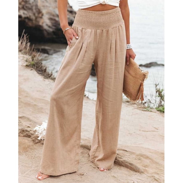 Foridol-pantalones de lino y algodón para mujer, calzas largas con bolsillos, informales, de pierna ancha, color blanco y caqui, para primavera y verano, 2023