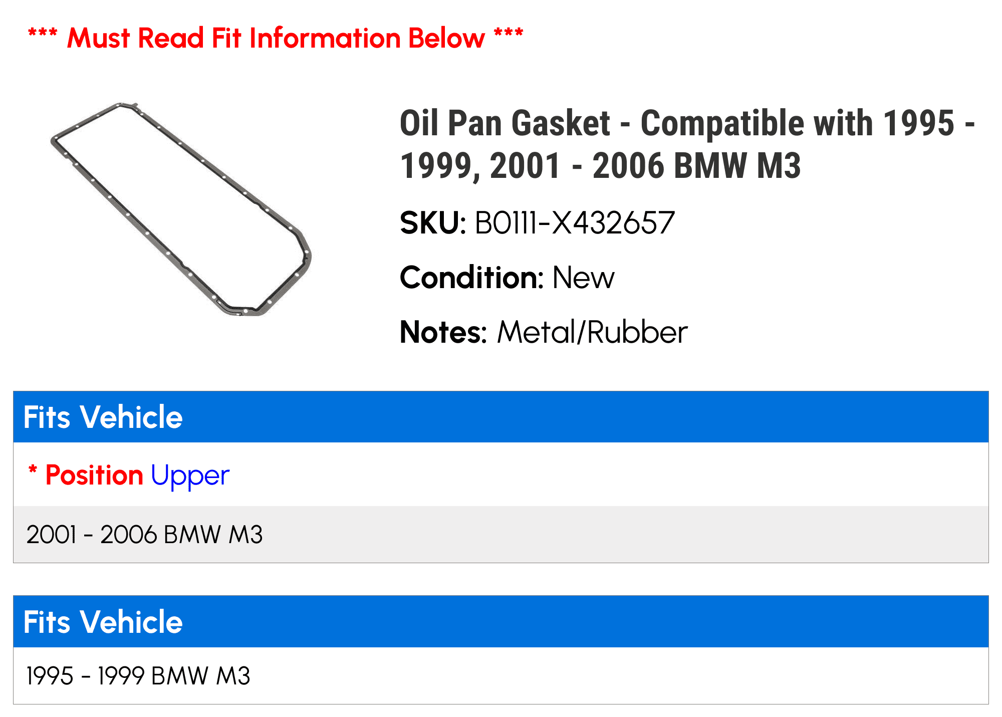 Oil Pan Gasket - Compatible with 1995 - 1999, 2001 - 2006 BMW M3 1996 1997 1998 2002 2003 2004 2005