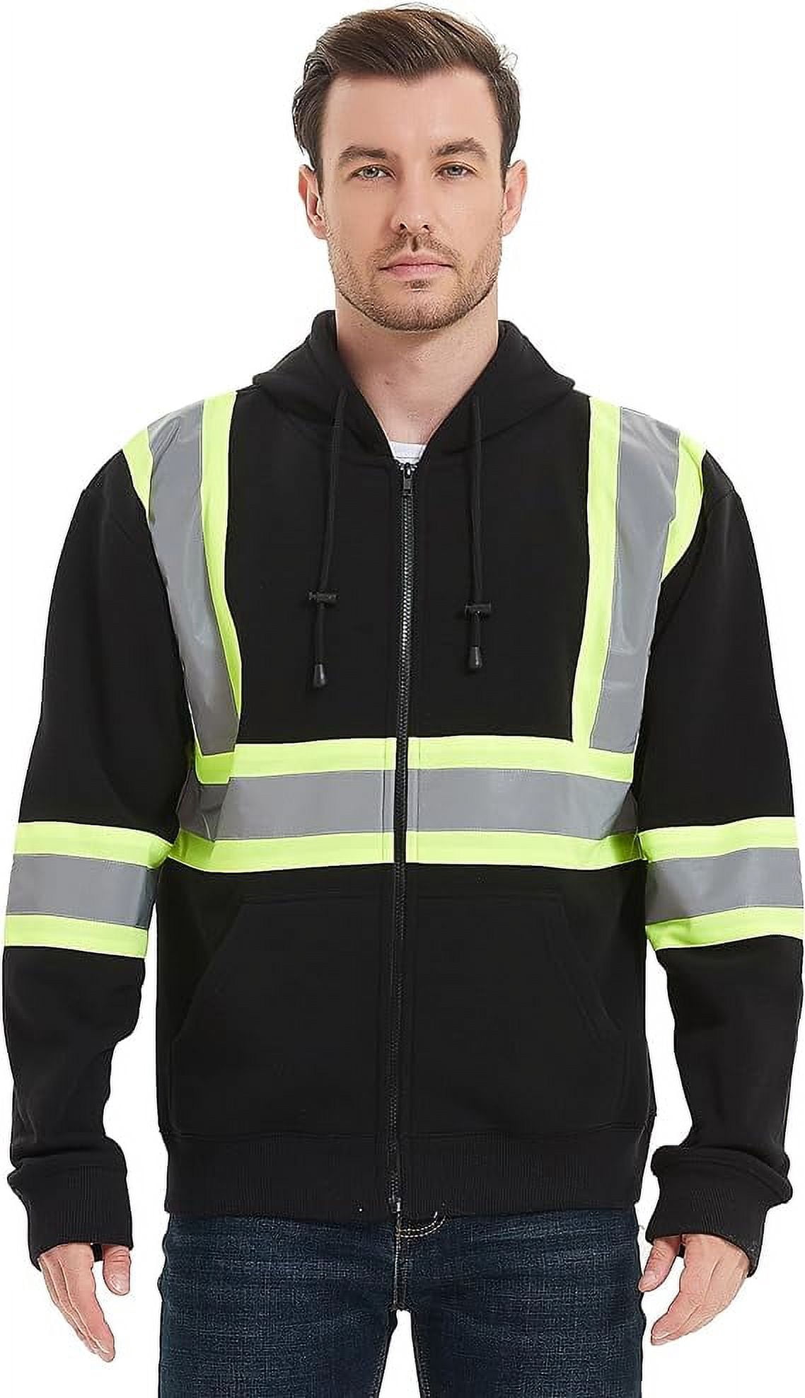 ProtectX High Visibility Safety Sweatshirt for Women Men, Class 3 Hi Vis Hoodie with large Pocket, Hooded Full-Zip Reflective Sweatshirt for Work & Construction, Black, 3X Large