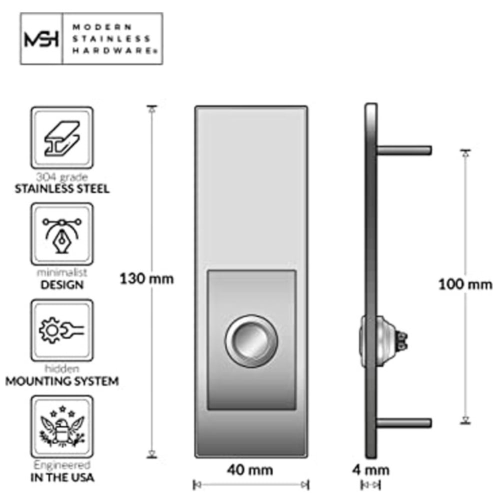 MSH Modern Stainless Hardware Model R5 Stainless Steel Doorbell Button in 304 Stainless Steel 1.57” x 5.11” x 5/32” (4mm Thick)