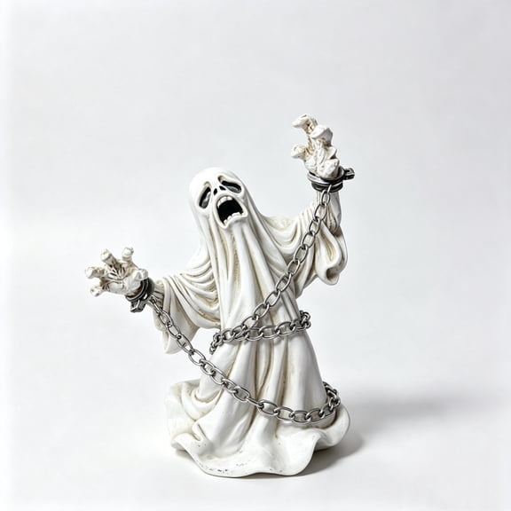 Halloween Screaming Horror Resin Figurine, Pleated White Robe & Metal Chain Restraints, Vintage Distressed Humanoid Sculpture, Tabletop Window Courtyard Micro-Landscape Decor for Spooky Atmosphere