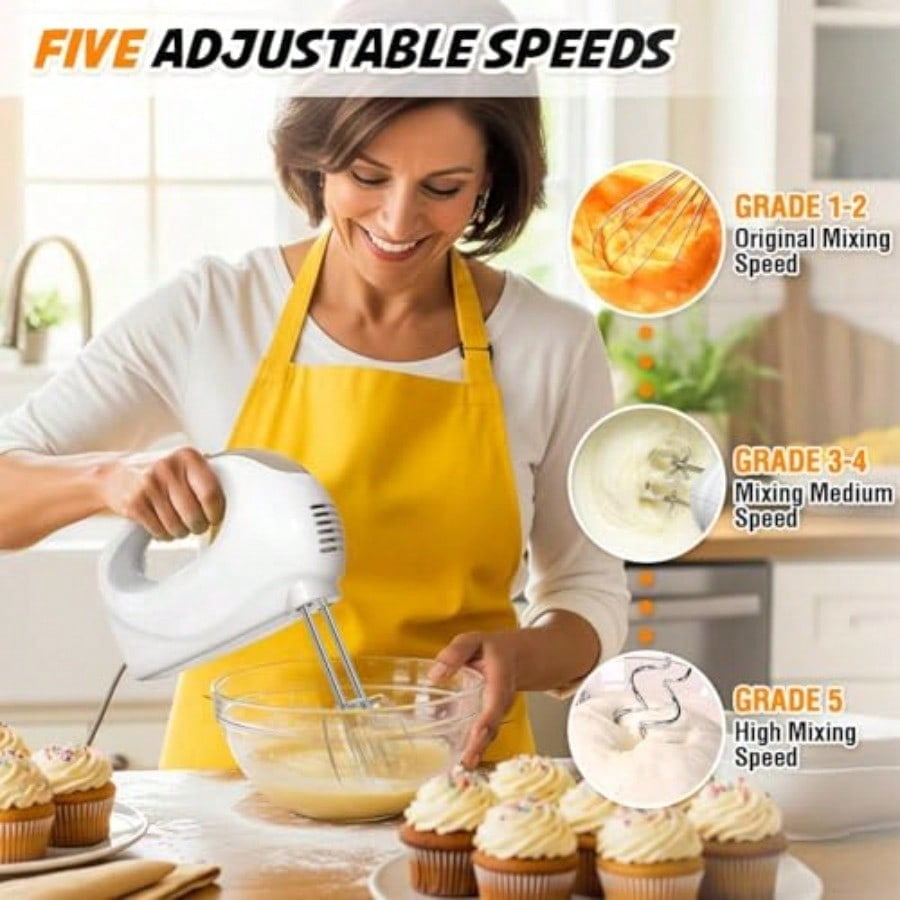 Hand Mixer 5 Speed Electric Cake Whisk Food Mixer Self-Control/Turbo Boost with 5 Stainless Steel Accessory Food Beater for Cake Bread one size