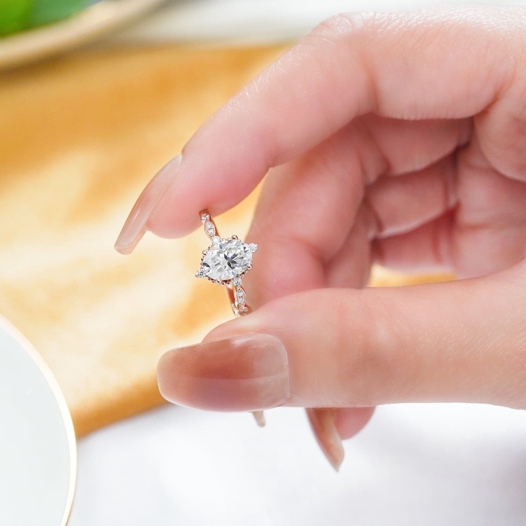 JeenMata 1.5 Carat Moissanite Oval Shape - Vintage Filigree Bezel 5-Stone Milgrain Decorative Engagement Ring In 18K Rose Gold Plating for Women