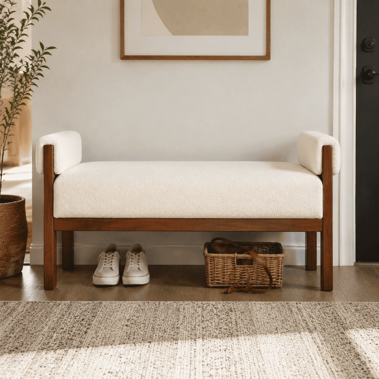 Usaint Soft Upholstered Chenille Ottoman Bench with Padded Armrests, Solid Wood Legs for Entryway, Bedroom End of Bed, Living Room, Beige