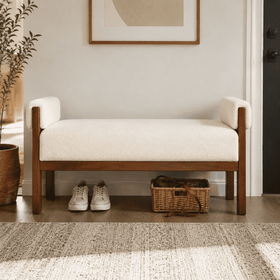 Usaint Soft Upholstered Chenille Ottoman Bench with Padded Armrests, Solid Wood Legs for Entryway, Bedroom End of Bed, Living Room, Beige