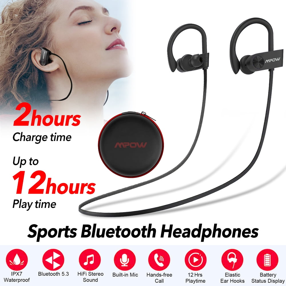 MPOW Flame Wireless Bluetooth 5.3 Earphones, Stereo Sweatproof in-Ear Sports Headphones, Noise Cancelling Headsets for Gym Workout, 12 Hours Playtime Earbuds, Black