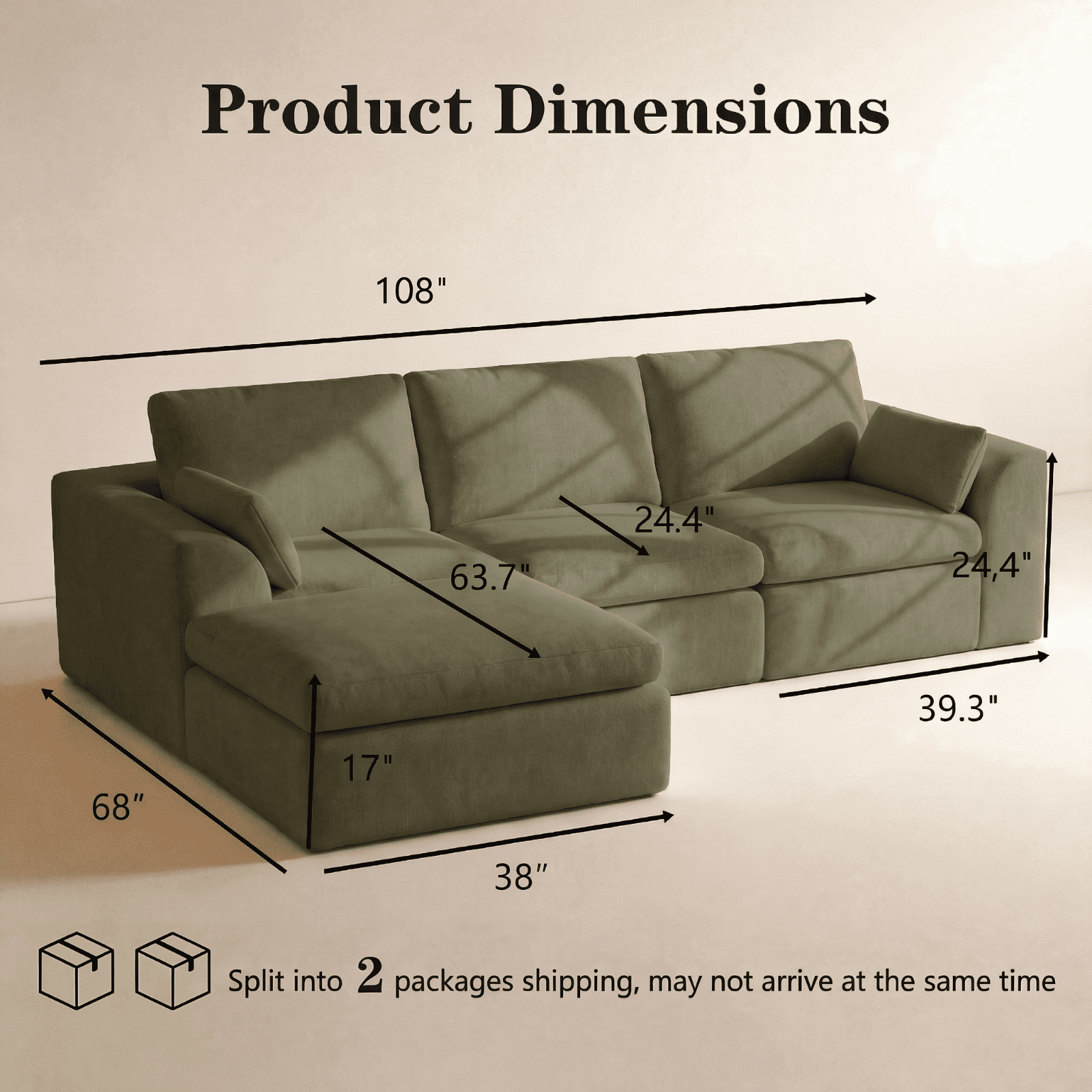 Cubente 108" Cloud Sectional Couch, Boneless Couch, L Shaped Couch with Ottoman, Chenille Modular Sofa for Living Room