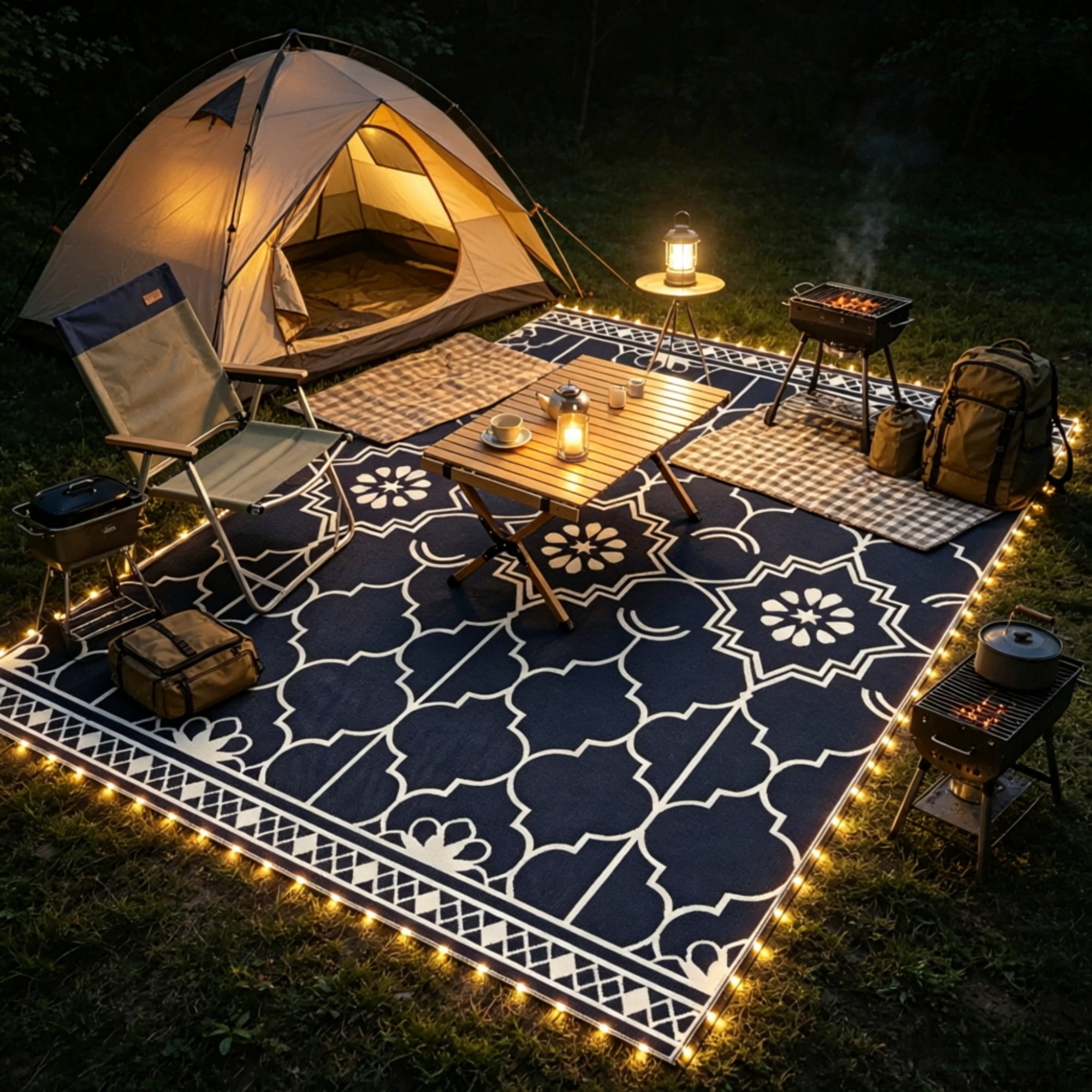 10' x 8' Reversible Outdoor Rug Carpet: LED Light PP Straw Rug with Carry Bag & Ground Stakes for Patio Backyard