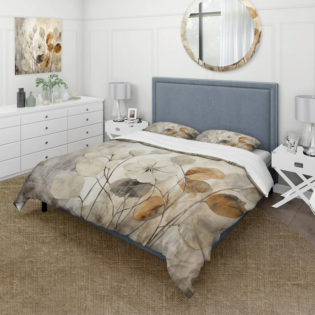 Designart "Beige Botanical Expressions III" Abstract Botanicals Bedding Covert Set - Modern Beige Abstract Bed Set With 1 Sham