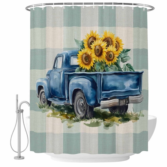 Blue Truck Yellow Sunflower Shower Curtain Set - Small 36" x 72" Washable Bathtub Curtain with 12 Hooks, Teal Plaid Vintage Summer Waterproof Fabric Stall Shower Curtains for Bathroom/Bathtub Décor