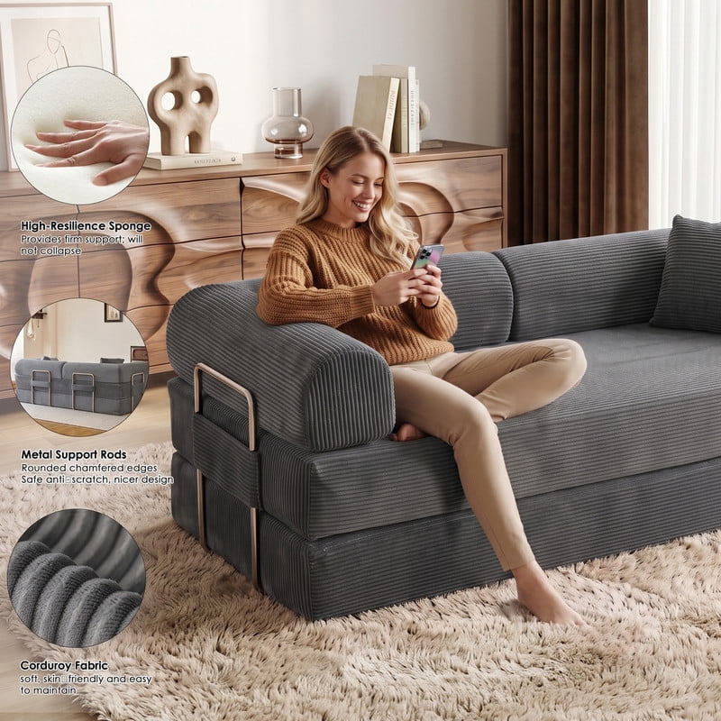 Anpport 78.8" Compression Boneless Sectional Sofa, Convertible Floor Sleeper Bed with Pillow Back Armrest, Corduroy Fabric, Grey, for Living Room Bedroom