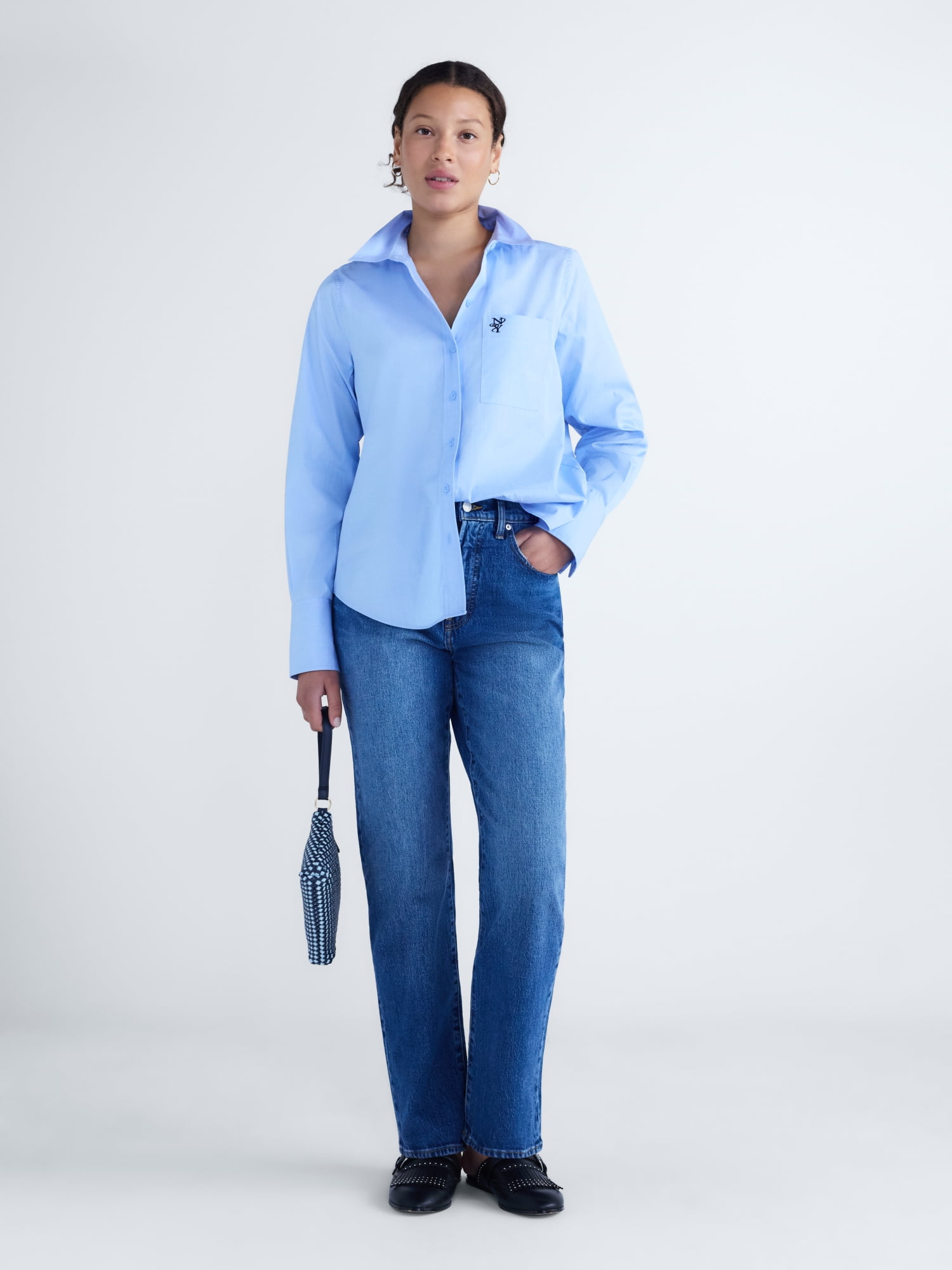 Free Assembly Women's and Women's Plus Button Front Cotton Shirt, Sizes XS-4X
