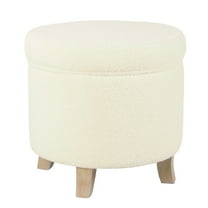 Benjara Loni Round Storage Ottoman- 19" Beige Faux Sheepskin- Wood Legs