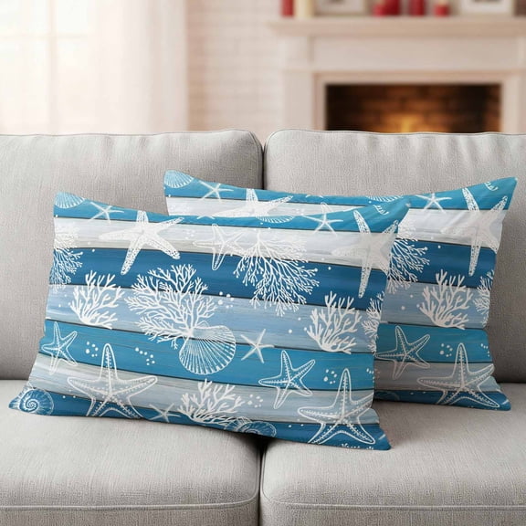 Blue Coastal Beach Waterproof Outdoor Throw Pillow Covers 20"x12" Pack 2, Pillow Cases Throw Cushion Cover with Zipper, Nautical Starfish Coral Vintage Wooden Washable Pillowcase for Poolside Sofa
