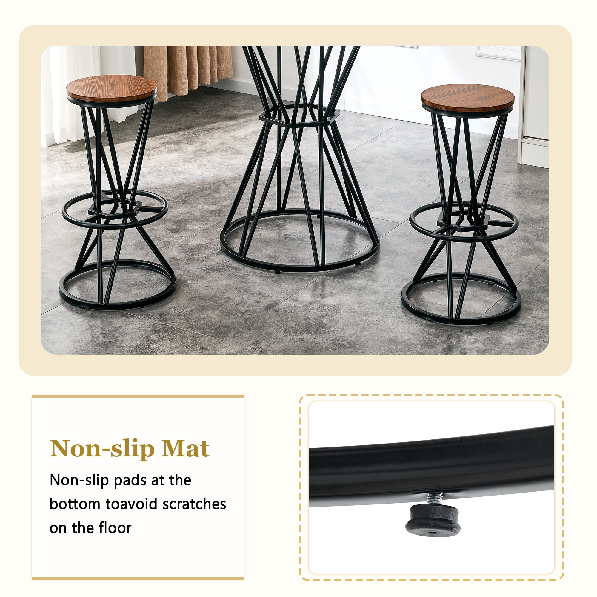 3-Piece Bar Table and Chair Set, 31.5-Inch Walnut MDF Bar Table with Black Metal Frame and 2 Bar Stools, Industrial Pub Dining Table Set for Kitchen Island Dining Space, Walnut Black