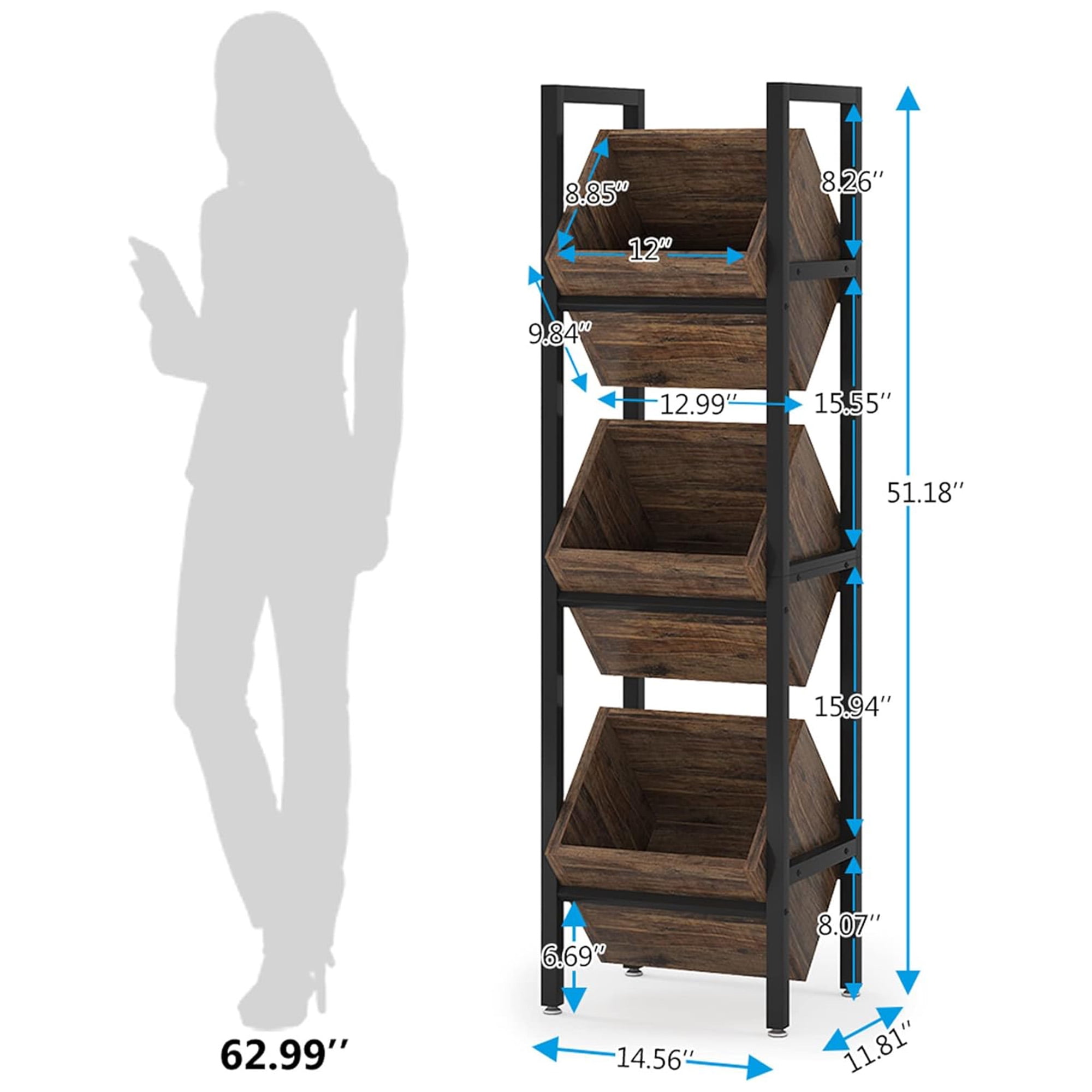Kiootto  15" Industrial 3-Tier Storage Bin Organizer, Rustic Brown Wooden Vertical Stand with Angled Baskets for Kitchen, Pantry, and Bathroom, Black Frame