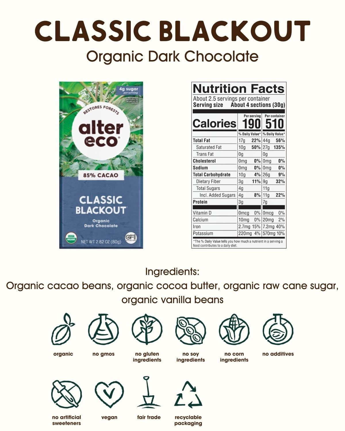 (Pack of 12) Alter Eco America Blackout Organic Dark Chocolate Bar, 2.82 oz