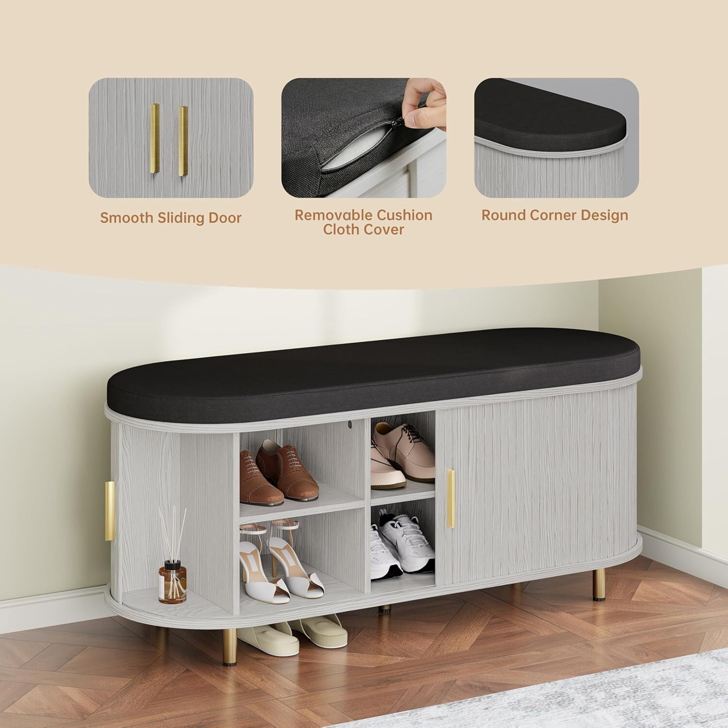 avobird 43.3" 2-Tier Storage Bench,Wide Shoe Bench with Thickened Padded Seat Cushion, Mid Century Modern Fluted Sliding Door and Adjustable Shelf, for Entryway,Bedroom White