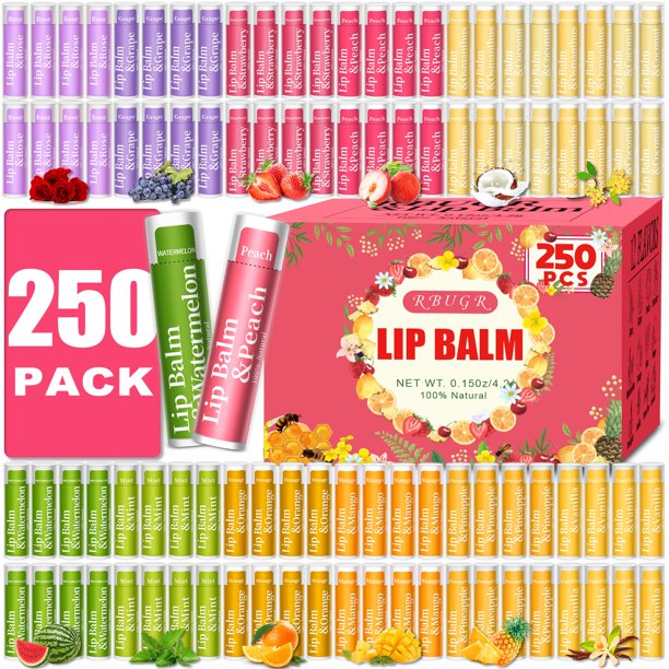 RBUGR 250 piezas de bálsamo labial a granel, 12 bálsamos labiales naturales con sabor a fruta, paquete de bálsamo labial con vitamina E, set de regalo para mujeres, calcetines para fiestas, hidratante