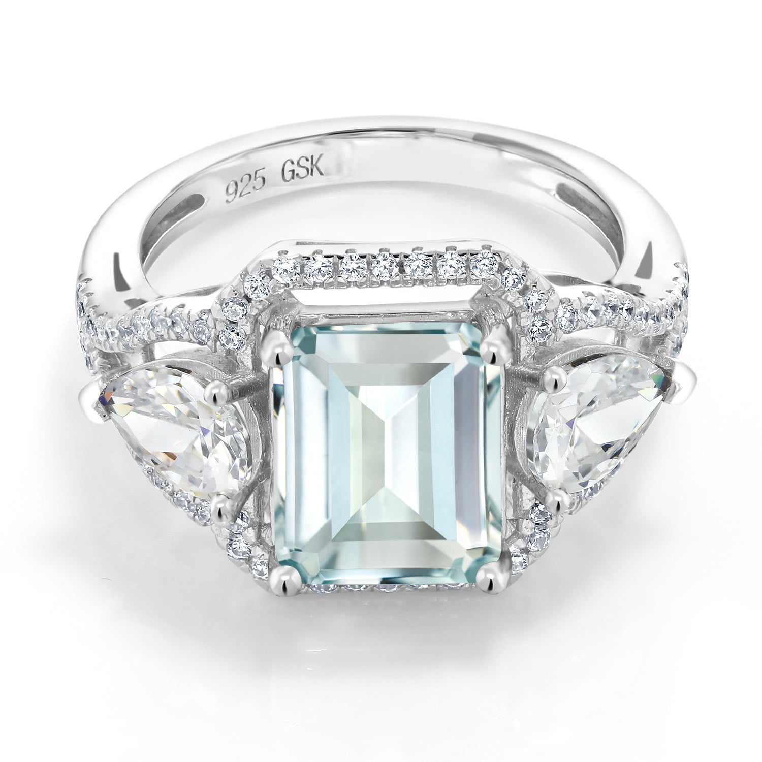 Gem Stone King 3.89 Cttw Sky Blue Simulated Aquamarine Ring for Women | 925 Sterling Silver | Emerald Cut 10X8MM | Pear Shape 7X5MM | Wedding Engagement Anniversary Promise Ring for Women| Size 7