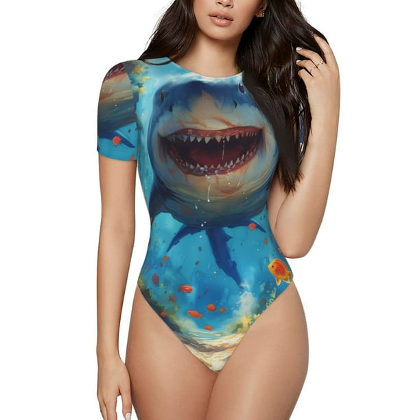 Fotbe Colorful Underwater Shark Body de Mujer con Cuello Redondo y Mangas Cortas, Sin Mangas Ajustado, Suave, Cómodo y Básico-Small