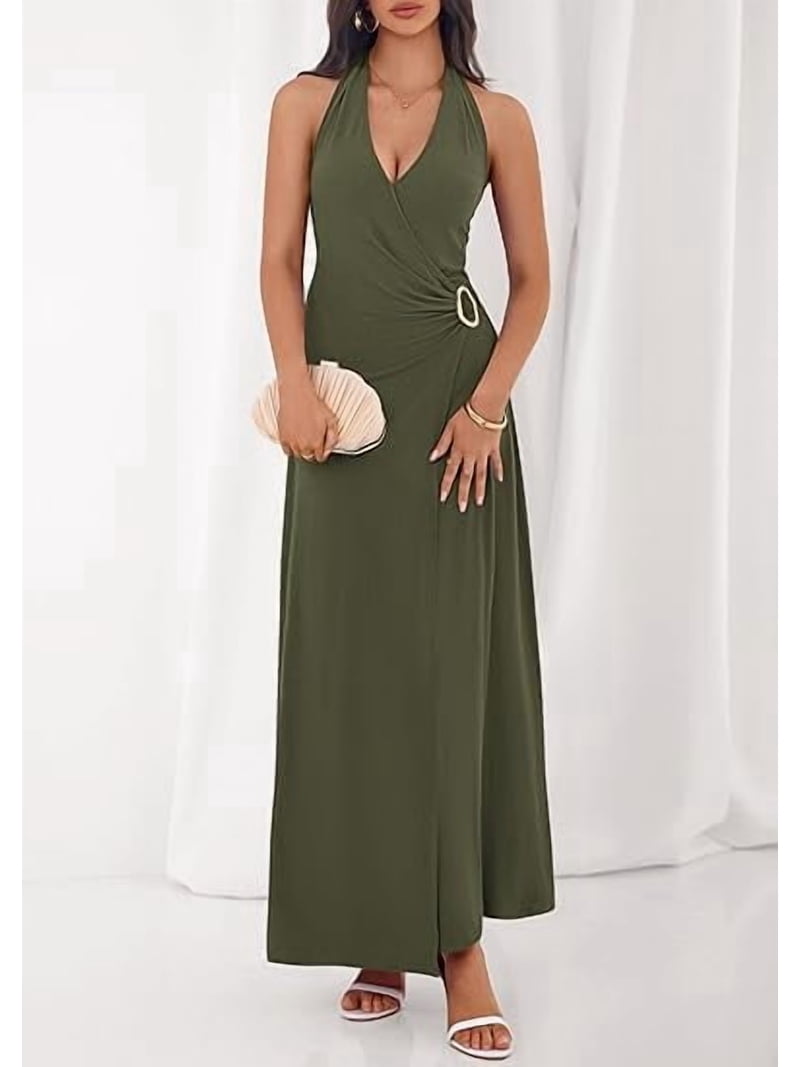 slim fit dress slacks Chic Halter Bow High-Waist Sleeveless Lotus Leaf Wedding Guest Dress with V- Neck main image 1