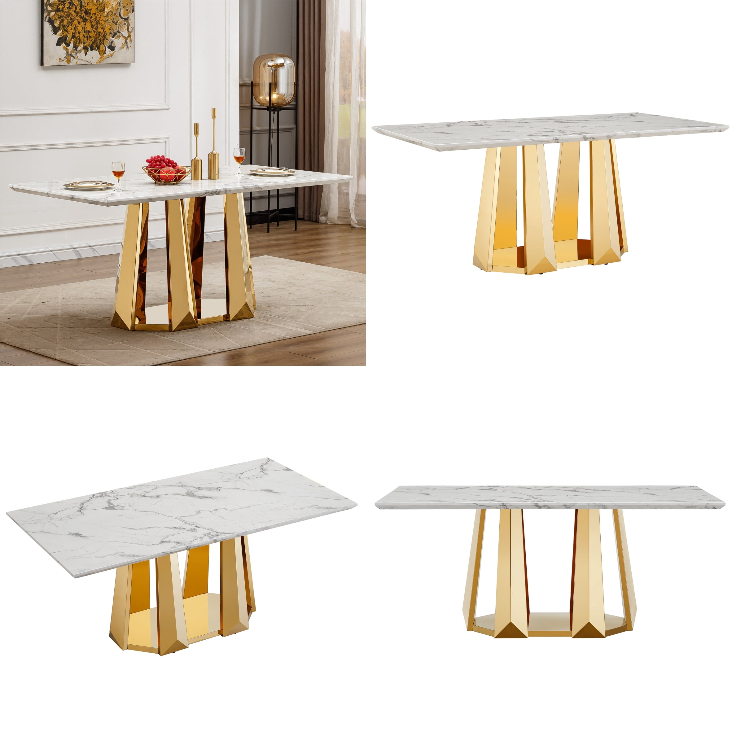 Shikeyi 70" Marble Dining Table for 6-8, Modern Luxury Gold Rectangular Large Kitchen Table, Marble Grain MDF Tabletop & Stainless Steel Base for Kitchen Dining Room, White (Table Only)