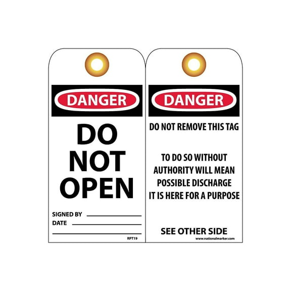 National Marker Accident Prevention Tags; Danger Do Not Open 6X3 Unrip Vinyl 25/Pk W/ Grommet RPT19G