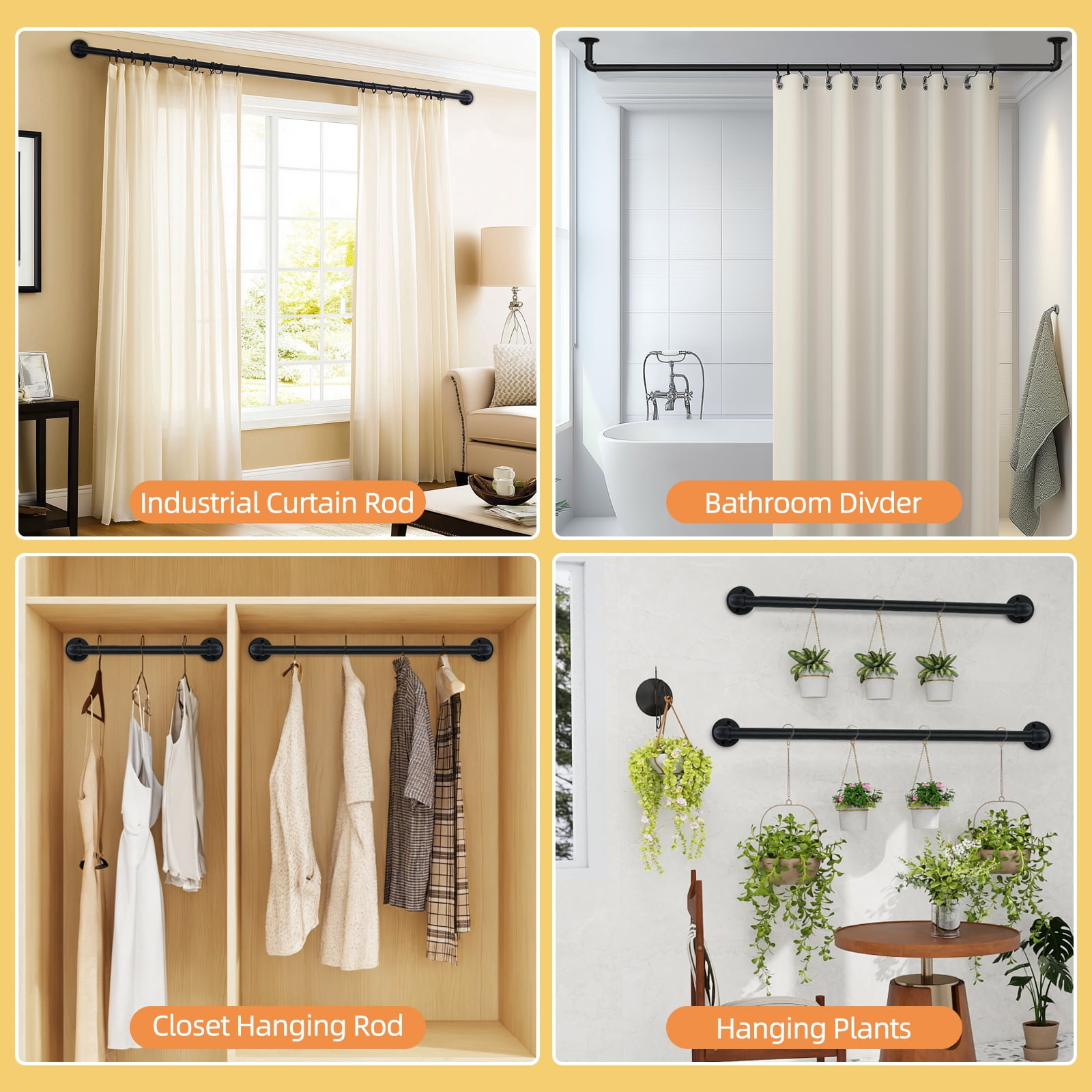 Black Industrial Curtain Rod,1" Diameter Durable Adjustable Curtain Rods for Blackout,Heavy Duty and Outdoor Curtains,48"-86"