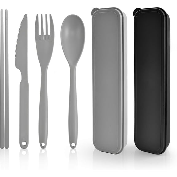 Large Plastic Reusable Utensils Set with Case, Travel Chopsticks Fork Spoon Knife Set for Lunch Box, Portable Cutlery Sets for Travel Camping Daily Use (Black, Grey)