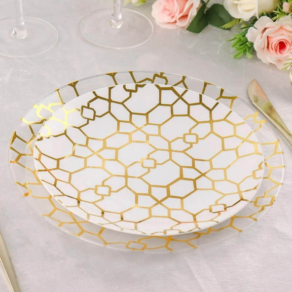 Efavormart Set of 20 White Gold Butterfly Round Plastic Plates, Disposable Dinner and Salad Plates with Gold Rim - 10",7"