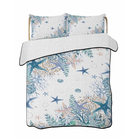 Twin Quilt Bedding Set, Teal Blue Coastal Reversible Summer Quilt 3 Pieces, Summer Beach Nautical Coral Starfish Lightweight Bedspreads Coverlets with 2 Pillow Shams for All Seasons