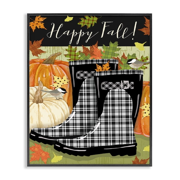 Stupell Industries Farmhouse Happy Fall Phrase Black Rainboots and Pumpkins Black Framed Giclee Art, 11 x 14, by Andrea Tachiera