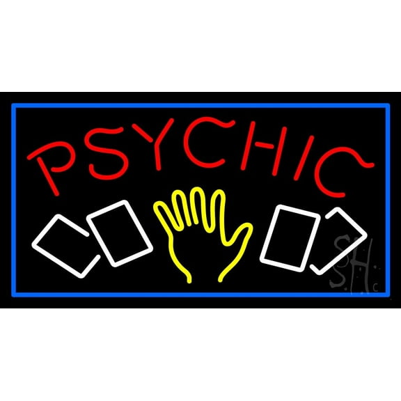 Red Psychic With Logo And Blue Border LED Neon Sign 20" Tall x 37" Wide - inches Black Square Cut Acrylic Backing, with Dimmer - Bright and Premium built indoor LED Neon Sign for Storefront.