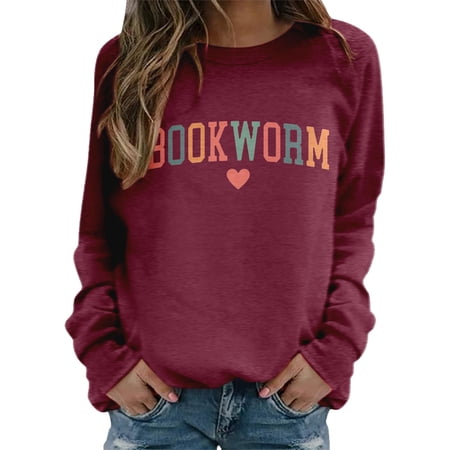 Arlun Book Lover Sweatshirts for Women Bookworm Reading Lined Soft Warm Sweatshirts Loose Fit Comfy Round Neck Teacher Bookish Librarian Leisure Pullover Tops XL